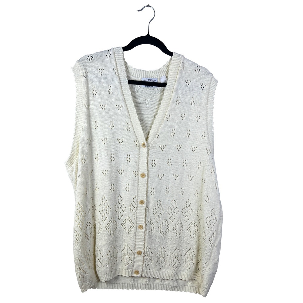 The Villager Signature‎ 90s Knit Sweater Vest Women 1X Cream Cottagecore V-Neck